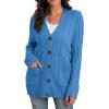 imageGRECERELLE Womens Long Sleeve Loose Knit Cable Open Front Button Down Cardigan Sweater Outerwear Coat with PocketsBlue
