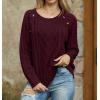 imageGRECERELLE Womens Sweaters Crewneck Bishop Long Sleeve Fall Oversized Knit Button Jumper TopsWine Red