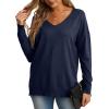 imageGRECERELLE Womens VNeck Long Sleeve Side Split Loose Casual Knit Pullover Sweater Blouse05 Navy Blue