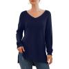 imageGRECERELLE Womens VNeck Long Sleeve Side Split Loose Casual Knit Pullover Sweater Blouse05 Navy Blue