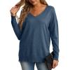 imageGRECERELLE Womens VNeck Long Sleeve Side Split Loose Casual Knit Pullover Sweater Blouse10 Blue Gray