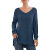 imageGRECERELLE Womens VNeck Long Sleeve Side Split Loose Casual Knit Pullover Sweater Blouse10 Blue Gray