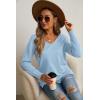 imageGRECERELLE Womens VNeck Long Sleeve Side Split Loose Casual Knit Pullover Sweater BlouseLight Blue