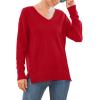 imageGRECERELLE Womens VNeck Long Sleeve Side Split Loose Casual Knit Pullover Sweater BlouseRed