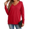 imageGRECERELLE Womens VNeck Long Sleeve Side Split Loose Casual Knit Pullover Sweater BlouseRed