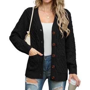imageGRECERELLE Women 2025 Fall Long Sleeve Cable Knit Sweater Button Open Front Cardigan Loose Outerwear Coat with PocketsAblack