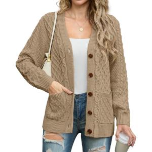 imageGRECERELLE Women 2025 Fall Long Sleeve Cable Knit Sweater Button Open Front Cardigan Loose Outerwear Coat with PocketsAkhaki