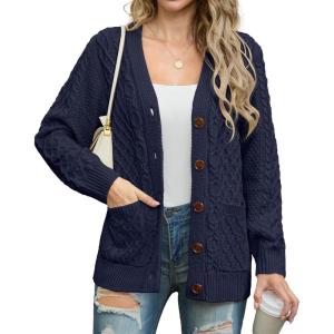 imageGRECERELLE Women 2025 Fall Long Sleeve Cable Knit Sweater Button Open Front Cardigan Loose Outerwear Coat with PocketsAnavy Blue