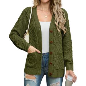 imageGRECERELLE Women 2025 Fall Long Sleeve Cable Knit Sweater Button Open Front Cardigan Loose Outerwear Coat with PocketsArmy Green
