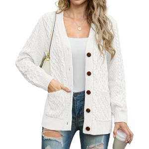 imageGRECERELLE Women 2025 Fall Long Sleeve Cable Knit Sweater Button Open Front Cardigan Loose Outerwear Coat with PocketsAwhite