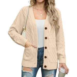 imageGRECERELLE Women 2025 Fall Long Sleeve Cable Knit Sweater Button Open Front Cardigan Loose Outerwear Coat with PocketsBeige