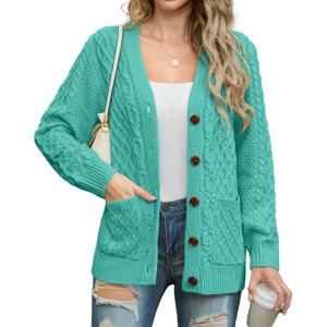 imageGRECERELLE Women 2025 Fall Long Sleeve Cable Knit Sweater Button Open Front Cardigan Loose Outerwear Coat with PocketsBlue Green