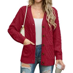 imageGRECERELLE Women 2025 Fall Long Sleeve Cable Knit Sweater Button Open Front Cardigan Loose Outerwear Coat with PocketsBrick Red