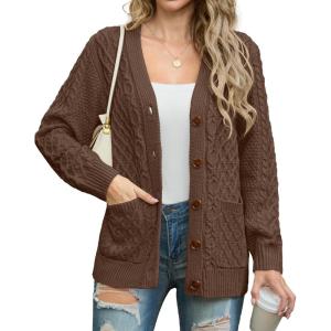 imageGRECERELLE Women 2025 Fall Long Sleeve Cable Knit Sweater Button Open Front Cardigan Loose Outerwear Coat with PocketsBritish Tan