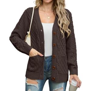imageGRECERELLE Women 2025 Fall Long Sleeve Cable Knit Sweater Button Open Front Cardigan Loose Outerwear Coat with PocketsBrown