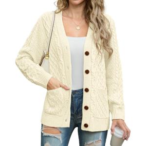 imageGRECERELLE Women 2025 Fall Long Sleeve Cable Knit Sweater Button Open Front Cardigan Loose Outerwear Coat with PocketsCreamy White