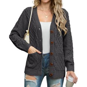 imageGRECERELLE Women 2025 Fall Long Sleeve Cable Knit Sweater Button Open Front Cardigan Loose Outerwear Coat with PocketsDark Gray