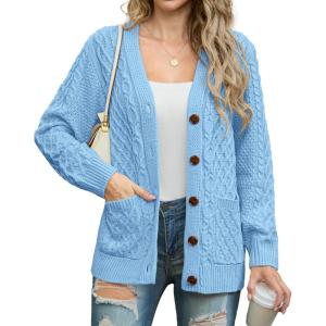 imageGRECERELLE Women 2025 Fall Long Sleeve Cable Knit Sweater Button Open Front Cardigan Loose Outerwear Coat with PocketsLight Blue