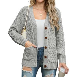 imageGRECERELLE Women 2025 Fall Long Sleeve Cable Knit Sweater Button Open Front Cardigan Loose Outerwear Coat with PocketsLight Grey