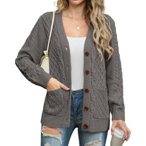 imageGRECERELLE Women 2025 Fall Long Sleeve Cable Knit Sweater Button Open Front Cardigan Loose Outerwear Coat with PocketsPencil Gray