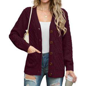 imageGRECERELLE Women 2025 Fall Long Sleeve Cable Knit Sweater Button Open Front Cardigan Loose Outerwear Coat with PocketsWine Red