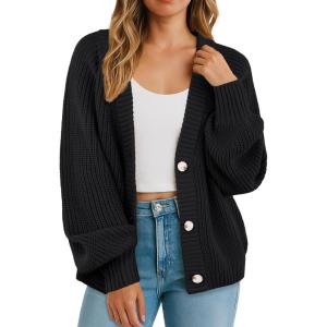 imageGRECERELLE Womens Chunky Knit Open Front Sweater Long Sleeve Button Down Loose Casual Oversized Cardigan Outerwear S2XLAblack