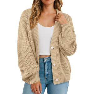 imageGRECERELLE Womens Chunky Knit Open Front Sweater Long Sleeve Button Down Loose Casual Oversized Cardigan Outerwear S2XLApricot