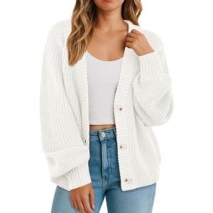 imageGRECERELLE Womens Chunky Knit Open Front Sweater Long Sleeve Button Down Loose Casual Oversized Cardigan Outerwear S2XLBeige White