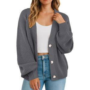 imageGRECERELLE Womens Chunky Knit Open Front Sweater Long Sleeve Button Down Loose Casual Oversized Cardigan Outerwear S2XLGray