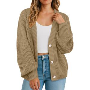 imageGRECERELLE Womens Chunky Knit Open Front Sweater Long Sleeve Button Down Loose Casual Oversized Cardigan Outerwear S2XLKhaki