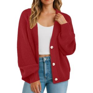 imageGRECERELLE Womens Chunky Knit Open Front Sweater Long Sleeve Button Down Loose Casual Oversized Cardigan Outerwear S2XLRed