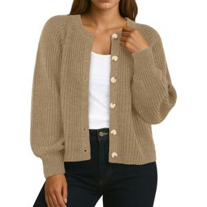 imageGRECERELLE Womens Chunky Open Front Sweater Long Sleeve Button Knit Short Loose Cardigan Outerwear S2XLKhaki