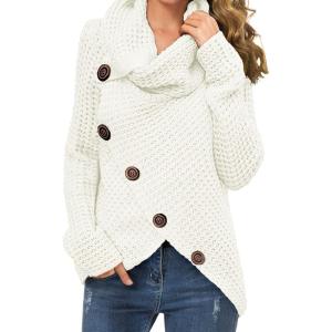 imageGRECERELLE Womens Fall Chunky Turtleneck Long Sleeve Asymmetric Hem Loose Knit Pullover Sweaters Tops S2XL04 White