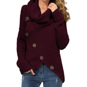imageGRECERELLE Womens Fall Chunky Turtleneck Long Sleeve Asymmetric Hem Loose Knit Pullover Sweaters Tops S2XL05 Wine Red