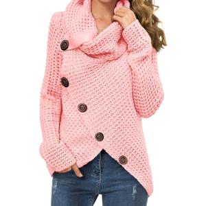 imageGRECERELLE Womens Fall Chunky Turtleneck Long Sleeve Asymmetric Hem Loose Knit Pullover Sweaters Tops S2XL08 Pink