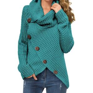 imageGRECERELLE Womens Fall Chunky Turtleneck Long Sleeve Asymmetric Hem Loose Knit Pullover Sweaters Tops S2XL09 Aicd Blue