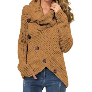 imageGRECERELLE Womens Fall Chunky Turtleneck Long Sleeve Asymmetric Hem Loose Knit Pullover Sweaters Tops S2XL11 Light Tan