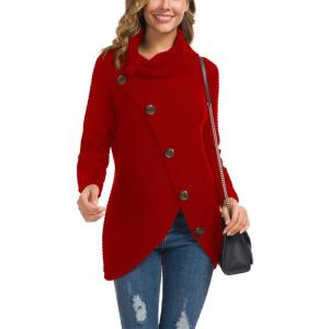 imageGRECERELLE Womens Fall Chunky Turtleneck Long Sleeve Asymmetric Hem Loose Knit Pullover Sweaters Tops S2XL13 Red