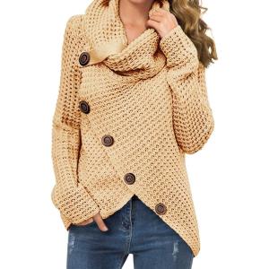 imageGRECERELLE Womens Fall Chunky Turtleneck Long Sleeve Asymmetric Hem Loose Knit Pullover Sweaters Tops S2XL16 Beige
