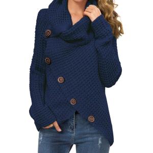 imageGRECERELLE Womens Fall Chunky Turtleneck Long Sleeve Asymmetric Hem Loose Knit Pullover Sweaters Tops S2XL17 Navy Blue