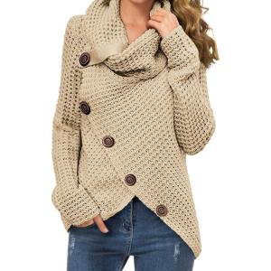imageGRECERELLE Womens Fall Chunky Turtleneck Long Sleeve Asymmetric Hem Loose Knit Pullover Sweaters Tops S2XLAkhaki