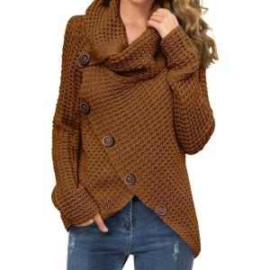 imageGRECERELLE Womens Fall Chunky Turtleneck Long Sleeve Asymmetric Hem Loose Knit Pullover Sweaters Tops S2XLCaramel