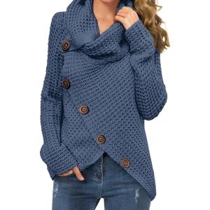 imageGRECERELLE Womens Fall Chunky Turtleneck Long Sleeve Asymmetric Hem Loose Knit Pullover Sweaters Tops S2XLIndigo