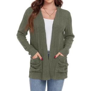 imageGRECERELLE Womens Long Sleeve Lightweight Open Front VNeck Casual Cardigan Sweaters Outerwear with Pockets 2025 S2XLArmy Green