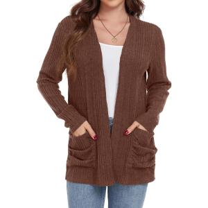 imageGRECERELLE Womens Long Sleeve Lightweight Open Front VNeck Casual Cardigan Sweaters Outerwear with Pockets 2025 S2XLCaramel