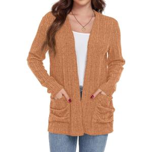 imageGRECERELLE Womens Long Sleeve Lightweight Open Front VNeck Casual Cardigan Sweaters Outerwear with Pockets 2025 S2XLOrange