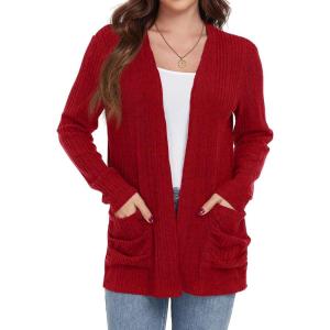 imageGRECERELLE Womens Long Sleeve Lightweight Open Front VNeck Casual Cardigan Sweaters Outerwear with Pockets 2025 S2XLRed