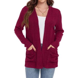 imageGRECERELLE Womens Long Sleeve Lightweight Open Front VNeck Casual Cardigan Sweaters Outerwear with Pockets 2025 S2XLWine Red