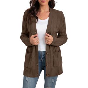 imageGRECERELLE Womens Long Sleeve Loose Knit Cable Open Front Button Down Cardigan Sweater Outerwear Coat with Pockets02dark Khaki