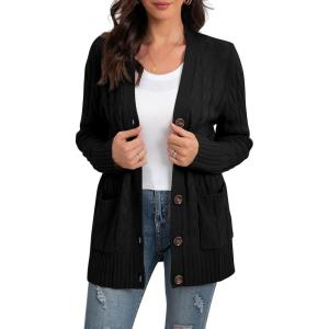 imageGRECERELLE Womens Long Sleeve Loose Knit Cable Open Front Button Down Cardigan Sweater Outerwear Coat with Pockets03black